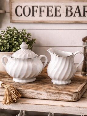 Vintage White Ceramic Fluted Sugar and Creamer Set with Silver Trim